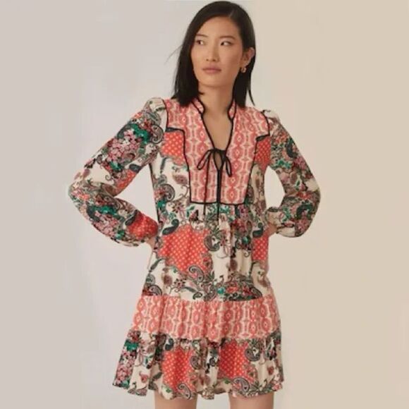 Anthropologie Spliced Tunic Dress Women S Red Green Paisley Floral‎ Boho Preppy - Picture 1 of 12